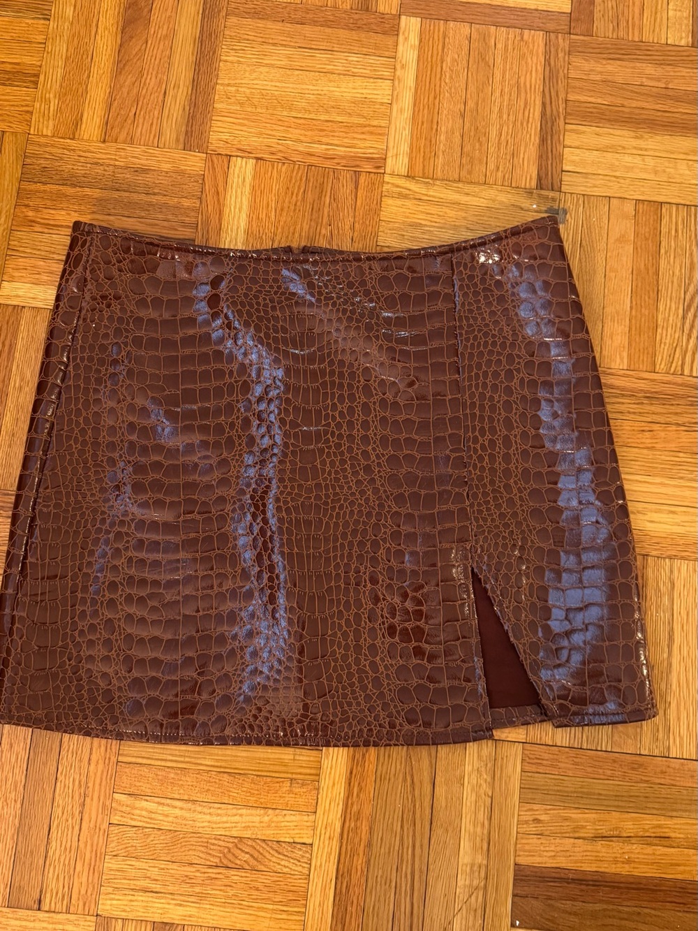 Motel Rocks Brown Faux-Croc Mini Skirt with Front Slit